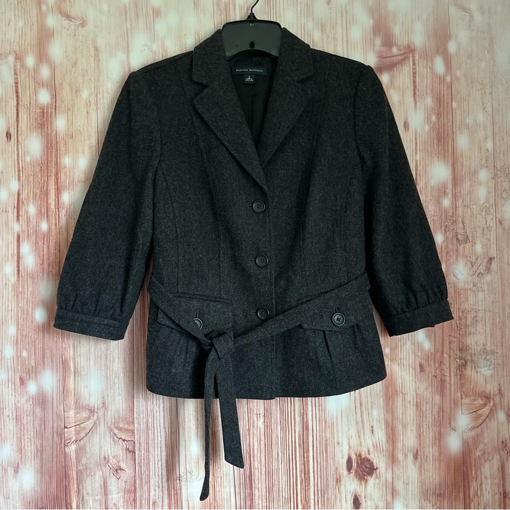 Banana Republic Grey Wool Blend 3/4 Sleeve Belted Blazer Size 2